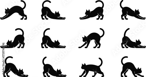 Black Cat Silhouette Illustrations in Stretching Positions on a White Background Seamless Pattern