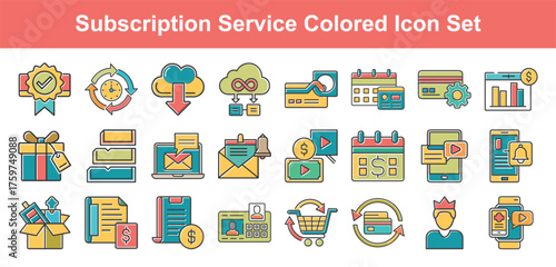 Vivid Subscription Service Colored Icon Set for Digital Platforms Engaging Visuals for Online Transactions