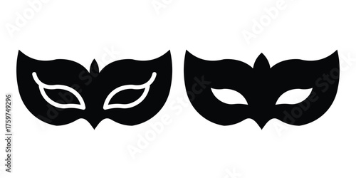 A collection of carnival mask vector icons, featuring black eye masks in a bold, decorative style, symbolizing mystery, masquerade balls,and Venetian carnival events, clean graphic symbols for holiday