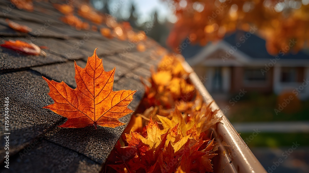 Obraz premium Close-up of a clean roof gutter filled with crisp, dry, golden-brown maple leaves. The setting is captured in bright autumn sun with rich textures.