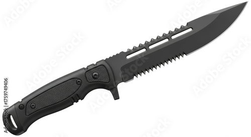 Tactical combat survival knife with serrated edge and rugged handle isolated on transparent background