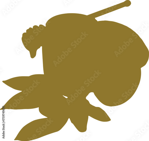 Golden honey jar with wooden dipper avocado half and leaves still life vector