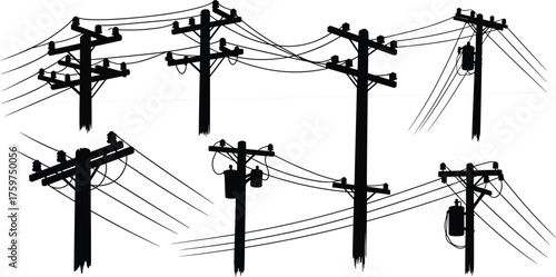 Utility pole silhouettes with transformers and power lines, electricity distribution infrastructure, crossarm and insulator variations, black and white vector illustration