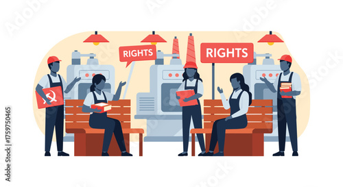 Factory Workers Discussing Their Rights and Labor Conditions