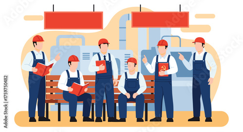 Industrial workers gather for a meeting discussion and training session