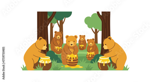 Adorable Bears Enjoying Honey in a Lush Forest Setting