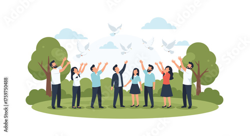 A Group of People Releasing White Doves into the Sky Symbolizing Hope and Peace