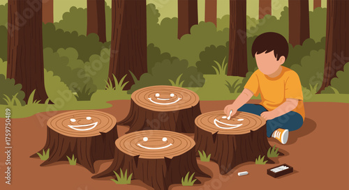 A young boy enjoys drawing happy faces on tree stumps in a forest clearing during a sunny day