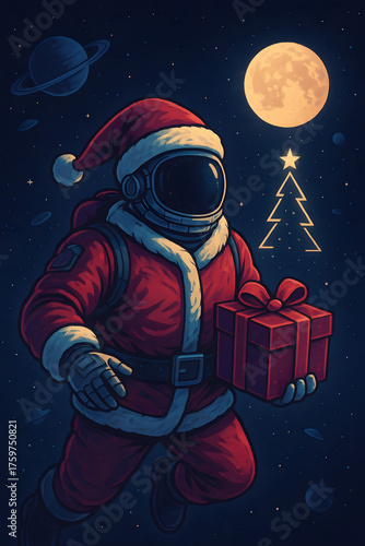Santa Claus in space on Christmas Eve in the future world
