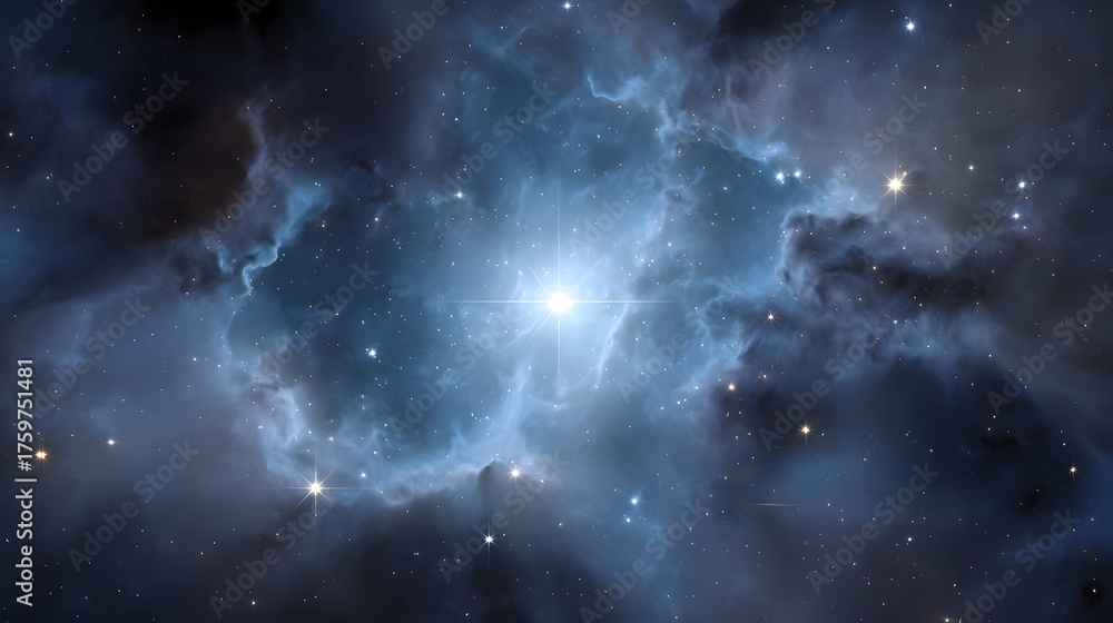 Naklejka premium Bright star illuminates swirling cosmic clouds and distant stellar bodies.