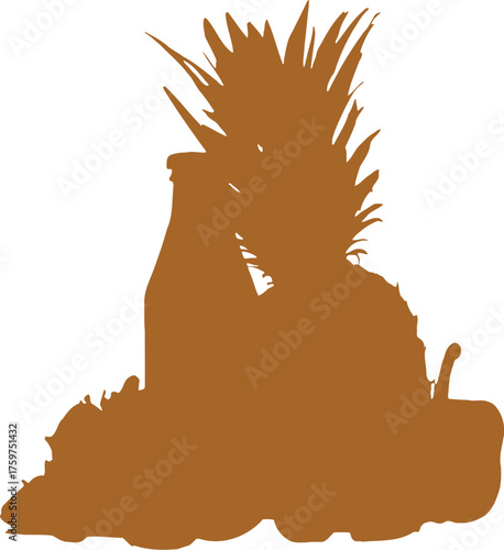 Silhouette assortment of fresh fruit including pineapple strawberries lemons and juice bottle