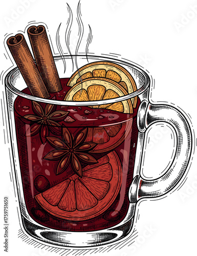 Hand-drawn glass of mulled wine with cinnamon sticks and orange slice isolated on transparent background PNG