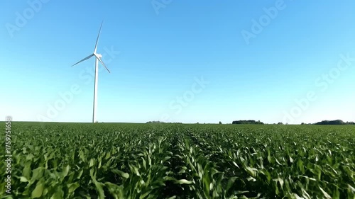 Wind Turbine and Crop Field Under Blue Sky - Sustainable Energy