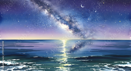 Starry Sky and the Ocean: A breathtaking painting of the Milky Way galaxy arching over the tranquil ocean, moon, and its reflection