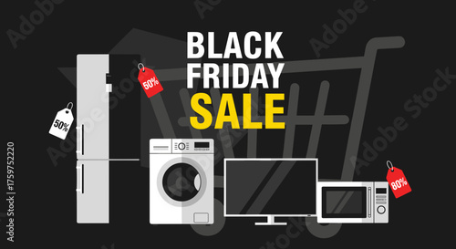 Black Friday Sale graphic banner showing huge discounts on electronics and household appliances