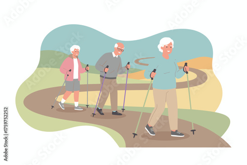 Happy seniors Nordic walking outdoors promoting active lifestyle fitness and wellbeing in retirement