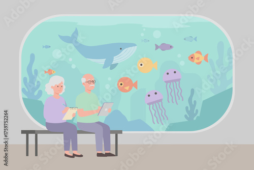 Elderly couple enjoying an educational aquarium trip observing diverse marine creatures together