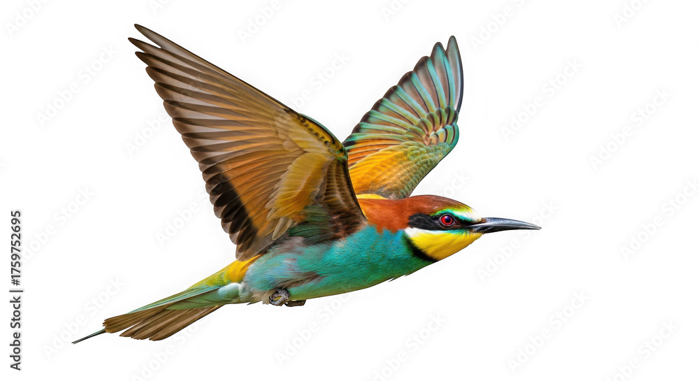 Fototapeta premium A colorful european beeeater bird in flight, isolated on transparent background