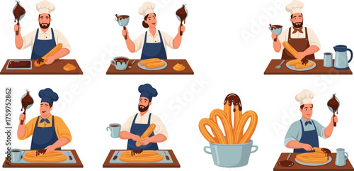 Professional chefs preparing churros with chocolate sauce, pastry cooking process, dessert making, bakery illustration, sweet food preparation concept