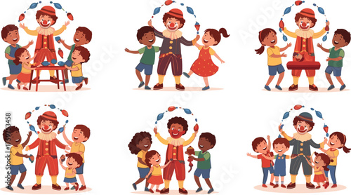 Happy clown entertaining cheerful children with fun games, juggling show, laughter, and playful activities at a kids’ party celebration
