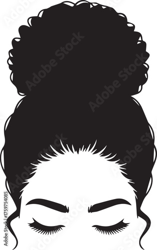 Elegant Black and White Illustration of Woman with High Afro Bun and Closed Eyes