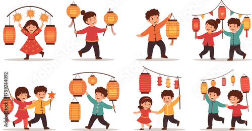 Happy children celebrating lantern festival together, kids holding paper lanterns, joyful festival illustration with cultural costumes and colorful decorations