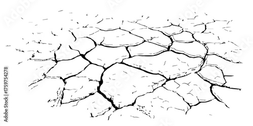 Cracked dry earth texture showing drought and arid landscape pattern. High-contrast black and white cracked soil background perfect for environmental, abstract, or texture design projects.