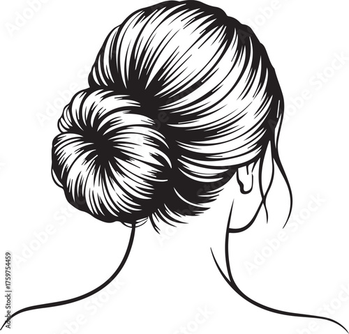 Elegant Woman's Hairstyle with a Chic Bun, Black and White Illustration from Behind