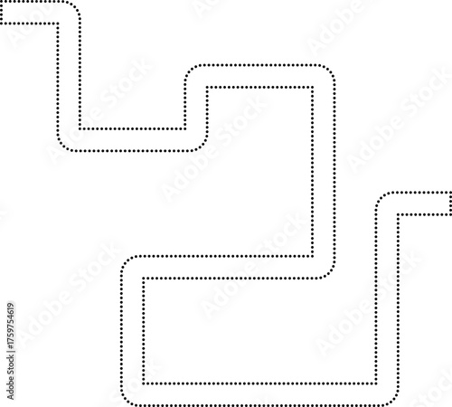 Maze-inspired dotted layout with a squared and uneven path in a rounded geometric style.