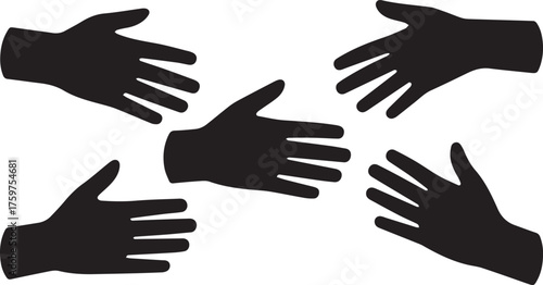 Five Silhouetted Hands Reaching Center, Abstract, Teamwork, Collaboration, Community, Black and White Illustration