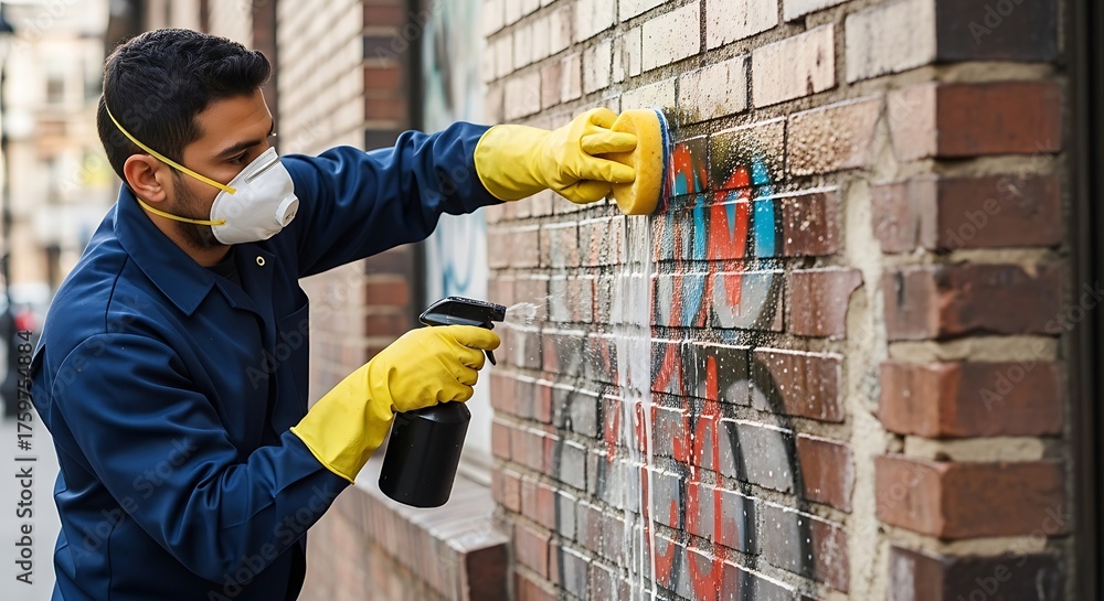 Fototapeta premium Man in mask cleaning graffiti off brick wall with spray bottle and sponge wearing yellow gloves outside