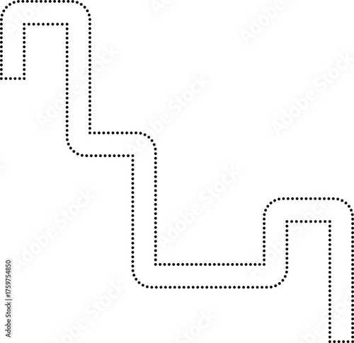Elongated zigzag dotted outline with geometric squared curves and smooth rounded corners arranged in a modular path.