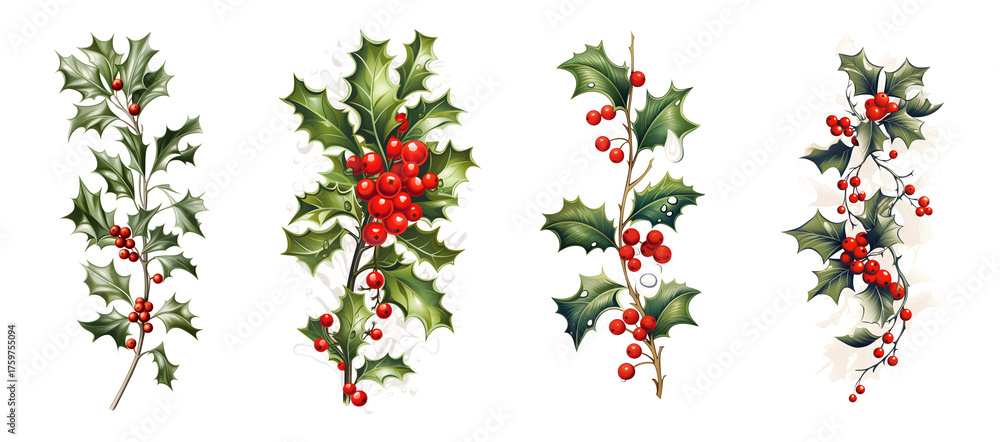 Fototapeta premium Collection of four decorative holly branches with red berries and green leaves transparent background