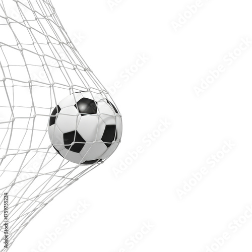 Soccer ball perfectly hitting the back of the net scoring a goal in a sports match isolated on transparent background