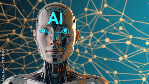 Digital Intelligence: A mesmerizing, futuristic android with glowing AI integrated into its design, set against a backdrop of interconnected digital networks.