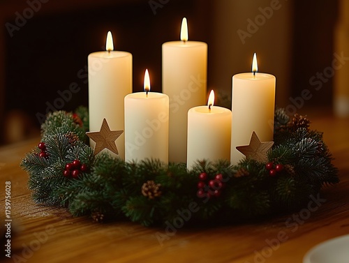 Evergreen wreath with berries and wooden stars surrounded by four lit white candles, warm glow creating peaceful Christmas atmosphere, high-resolution render for holiday table design and social media.