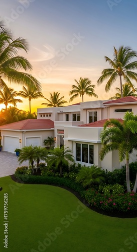 Modern home with palm trees and sunset sky in florida showcasing luxury real estate and tropical vibes