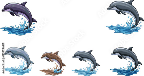 PrintBeautiful dolphin jumping out of ocean water, marine life illustration, playful sea animal artwork, aquatic wildlife vector for ocean lovers