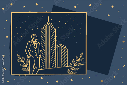 Man in suit looking at skyscrapers in golden frame