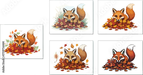 Cute red fox illustration hiding in colorful autumn leaves, fall season animal artwork, forest wildlife design for nature lovers