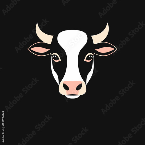 A stylized illustration of a cow's head, facing forward, with a black background.
