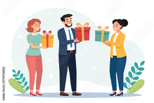 Three people exchanging gift boxes with flat design