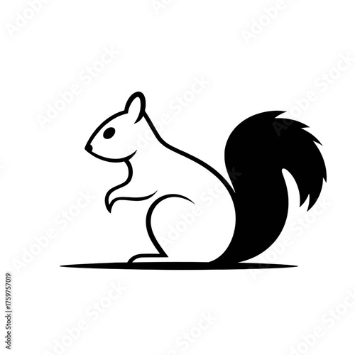 A stylized black and white illustration of a squirrel standing upright, with a fluffy tail.