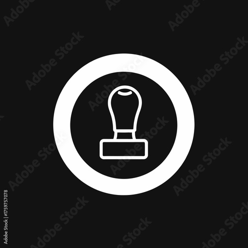 A white outline of a stamp inside a white circle against a black background.