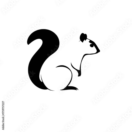 Stylized squirrel illustration in black and white, featuring a curved tail and simple design.