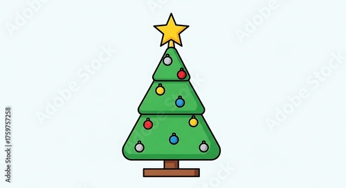 Illustration of a decorated Christmas tree with a star on top.