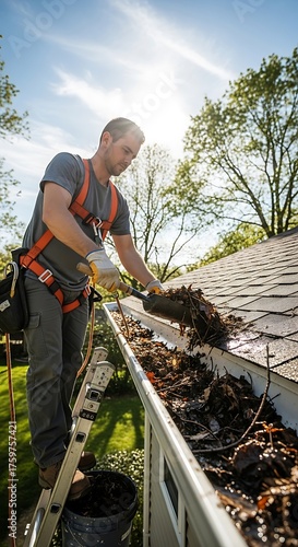 Man on ladder cleaning leaves from roof gutter with safety harness under a bright sunny sky outside home
