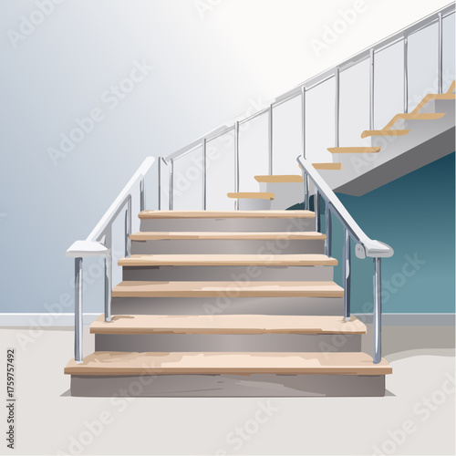 Modern wooden staircase with metal railing