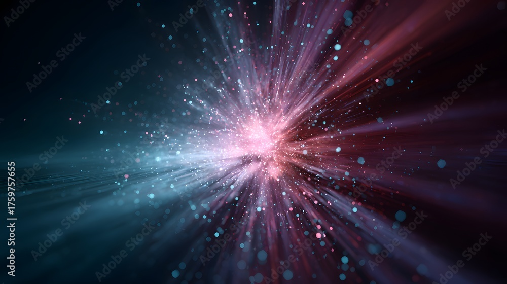 Naklejka premium Bright cosmic explosion with glowing particles emanates light rays.