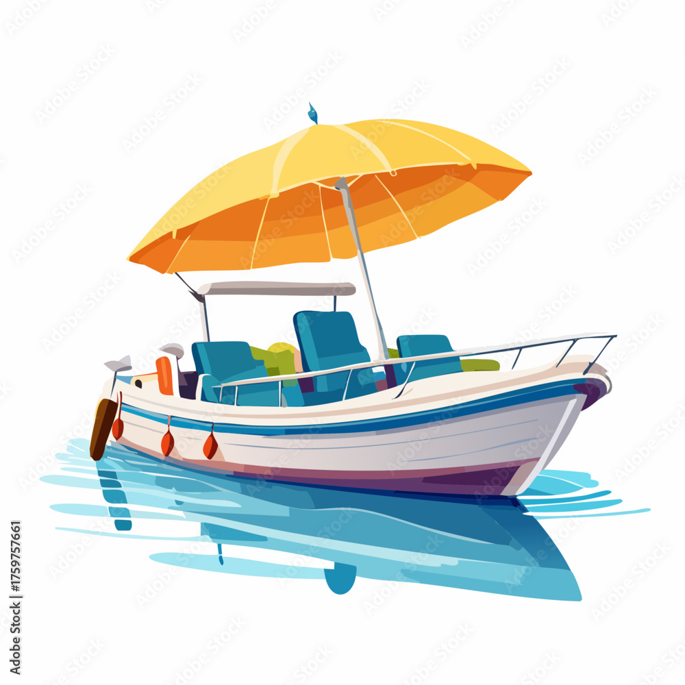 Naklejka premium Motorboat with yellow sun umbrella on water